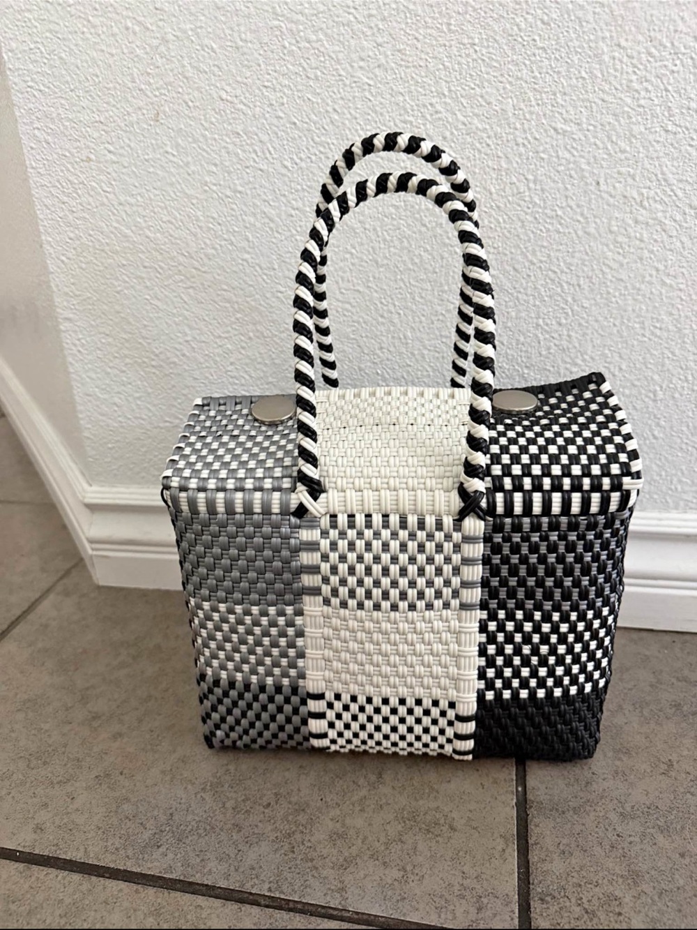 Woven Black & White Tote Bag with Center Stripe